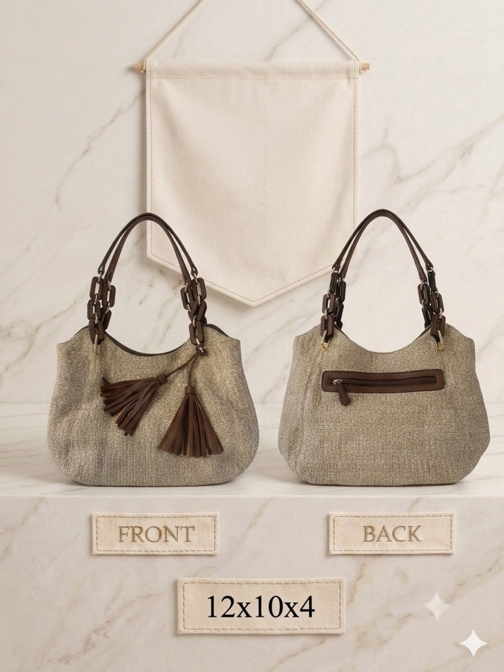 Woven Straw Hobo Bag Brown PU Leather Trim & Double Tassels 14”Wx4”Dx10”L